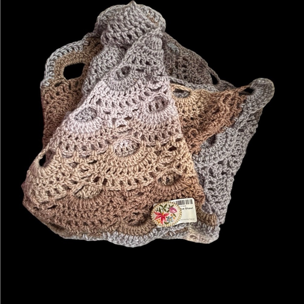 Handmade Crochet Ombre Shawl Scarf Wrap Beige Brown Gray Lace Trim - Picture 2 of 5